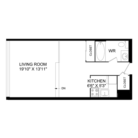 Floor plan for studio, 1 bath, 455 sqft